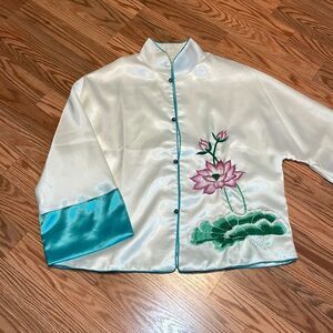 Chinese Traditional Top, Embroidered 3/4 sleeve shirt, ivory, teal, pink, Large